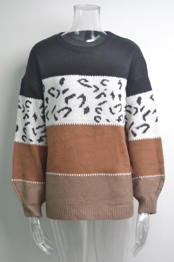 Slight stretch contrast color leopard casual all-match knitted sweater