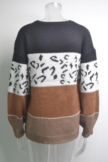 Slight stretch contrast color leopard casual all-match knitted sweater