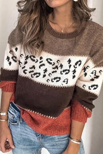 contrast color leopard slight stretch casual all-match knitted sweater
