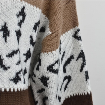 Contrast color leopard slight stretch casual all-match knitted sweater