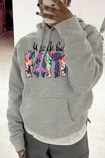 plus size 2 colors slight stretch letter fixed printing casual hooded sweatshirt