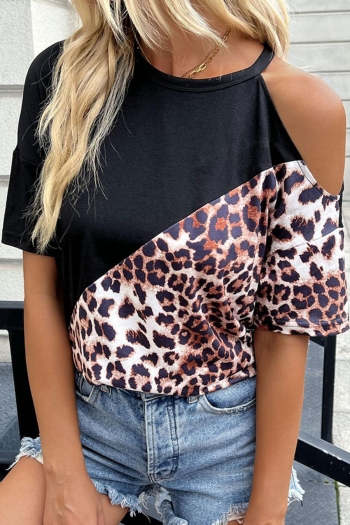 slight stretch leopard printing patchwork hollow stylish t-shirt