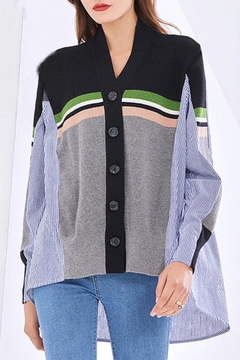 slight stretch stripe colorblock single-breasted stylish knitted sweater blouse