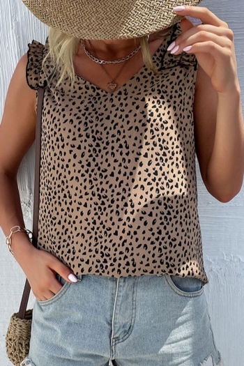non stretch leopard printing v-neck ruffle stylish vest (only vest)
