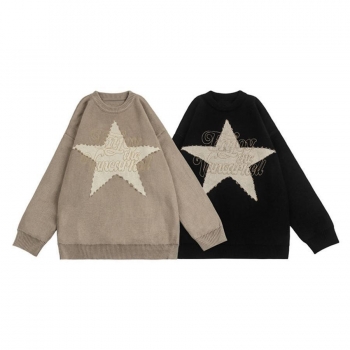 two colors slight stretch pentagram and letter knitted loose casual sweater