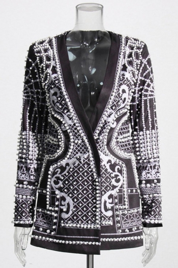 two colors non-stretch pearl decor v-neck pocket exquisite court style blazer