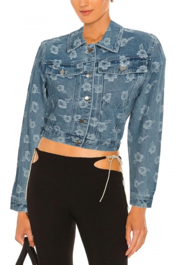 non stretch denim floral pattern single breasted washed crop jacket
