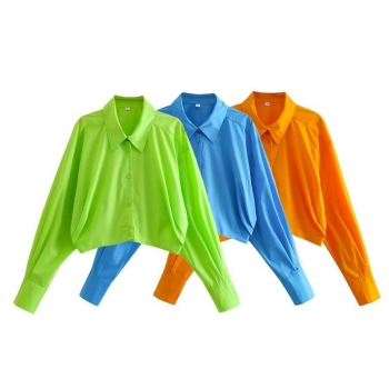 non-stretch orange multicolor single breasted lapel short shirt
