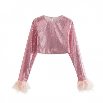 non-stretch feather trimmed sequin crop top