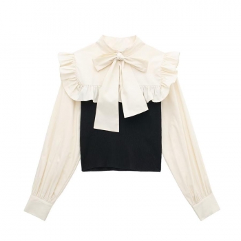 xs-l stretch knitted spliced bow ruffle long sleeve stylish all-match top
