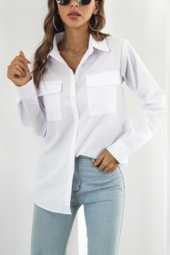 inelastic solid color lapel button with pocket casual blouses