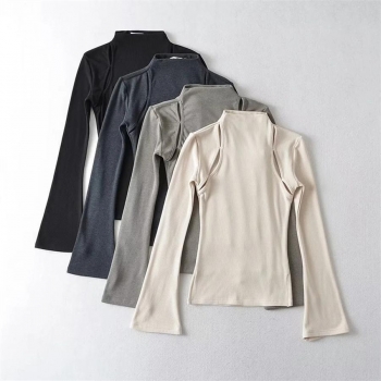 four colors slight stretch hollow high neck brushed long sleeve stylish top