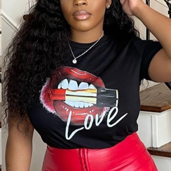 s-3xl plus size slight stretch lip letter printing crew neck casual t-shirt