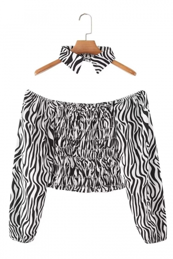 non-stretch zebra printing off-the-shoulder stylish blouse(with necktie)