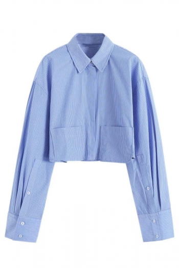 xs-l non-stretch single-breasted stripe print fake pocket fashion blouse