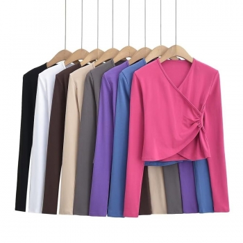stretch 8 colors v-neck single-breasted long sleeve stylish top