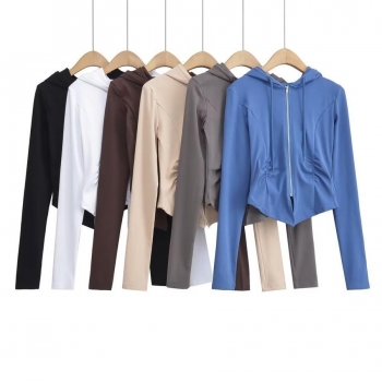 six colors stretch zip-up hooded long sleeve fashion all-match jacket