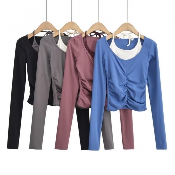 four colors stretch shirring color contrast stylish fake two top