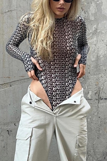 sexy slight stretch mesh button batch printing bodysuit