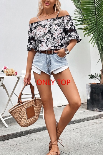 stylish non-stretch floral batch printing off-the-shoulder all-match blouse