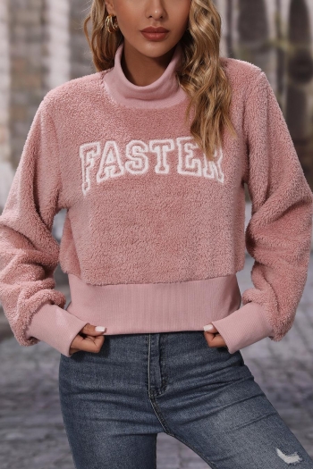 casual slight stretch teddy fleece letter embroidered sweatshirt