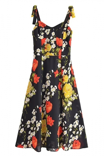 casual slight stretch sling flower batch printing midi dress(size run small)