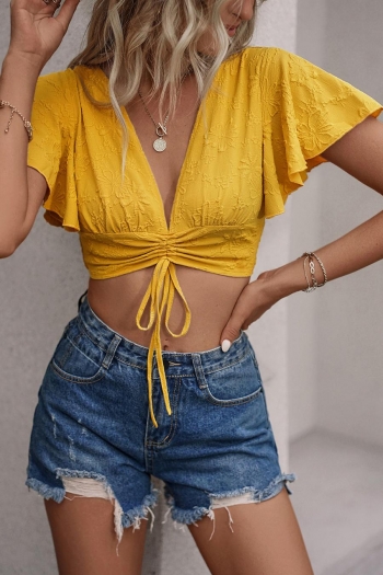 Exquisite solid color v-neck drawstring non-stretch crop top