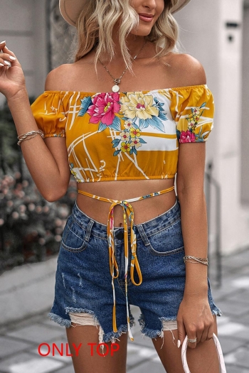 exquisite non-stretch flower printing off-the-shoulder crop top