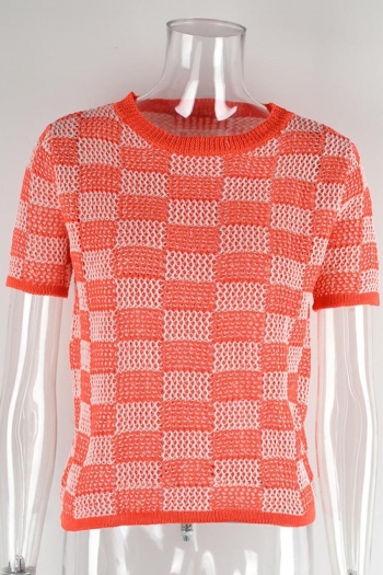 Sexy slight stretch 2 colors orange lattice cut out knitted t-shirt