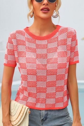 Sexy slight stretch 2 colors orange lattice cut out knitted t-shirt
