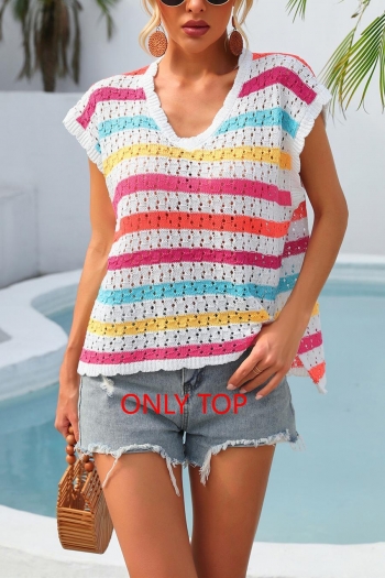 sexy slight stretch 2 colors stripe cut out knitted t-shirt(only t-shirt)