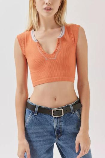sexy slight stretch simple 10 colors orange ribbed knit slim cropped top