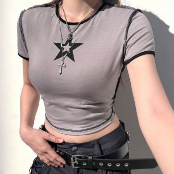 Sexy slight stretch pentagram fixed printing all-match crop t-shirt
