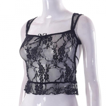 Sexy slight stretch mesh lace backless lace-up vest
