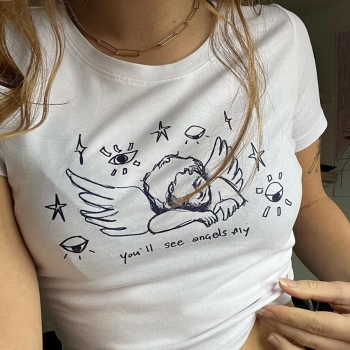 Sexy street style slight stretch cartoon angel fixed printing crop t-shirt