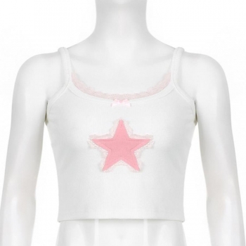 Sexy slight stretch pentagram lace appliqued sling all-match crop tank top
