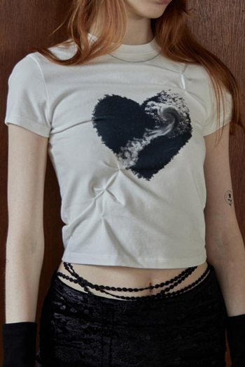 Sexy street slight stretch heart swirl fixed printing all-match crop t-shirt