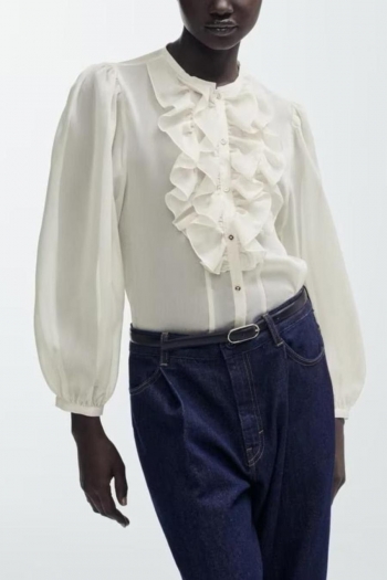 Stylish xs-l non-stretch solid color ruffle single-breasted chiffon blouse