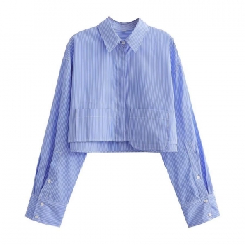 Stylish non-stretch stripe printing fake pocket single-breasted blouse