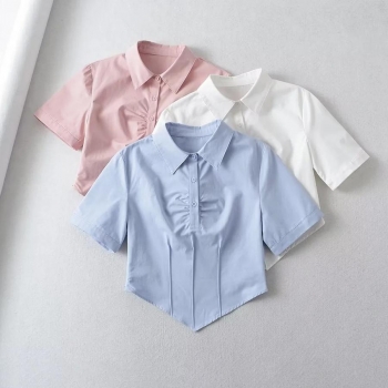 casual non-stretch 3 colors short sleeve pointed hem blouse(size run small)