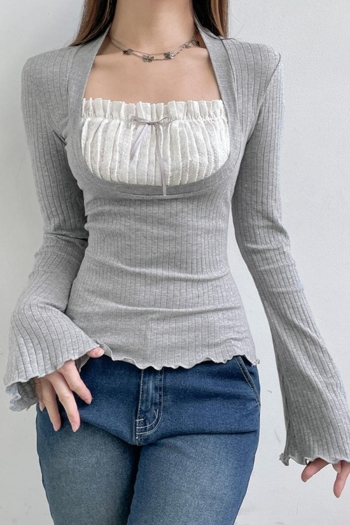 stylish stretch square neckline long sleeve bow slim all-match top