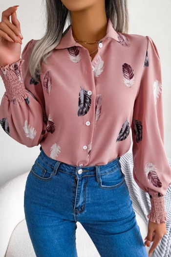 casual non-stretch 3 colors feather batch printing lantern-sleeve blouse