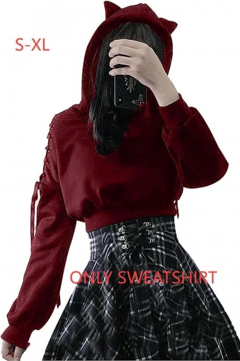 stylish s-xl solid color slight stretch hooded hollow crop sweatshirt