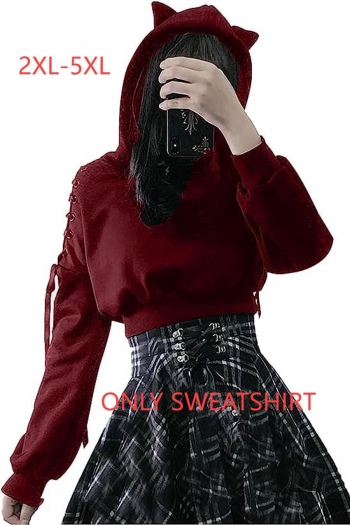 stylish 2xl-5xl solid color slight stretch hooded hollow crop sweatshirt