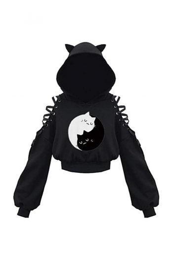 stylish cat fixed print slight stretch hooded hollow crop sweatshirt