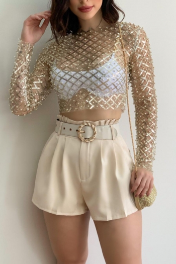 sexy slight stretch mesh see-through pearl sequins stylish top(only mesh top)