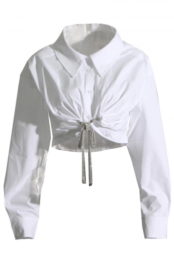 exquisite non-stretch button lapel rhinestone lace-up crop blouses
