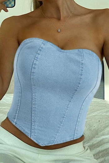 sexy xs-xxl slight stretch denim solid color zip-up tube top