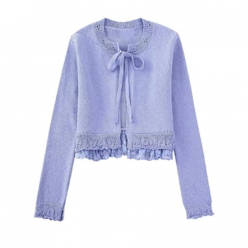 stylish solid color slight stretch lace spliced all-match knitted sweater