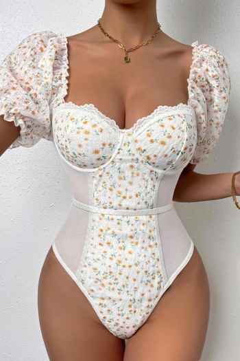 sexy xs-l slight stretch mesh spliced floral printing underwire lace bodysuit